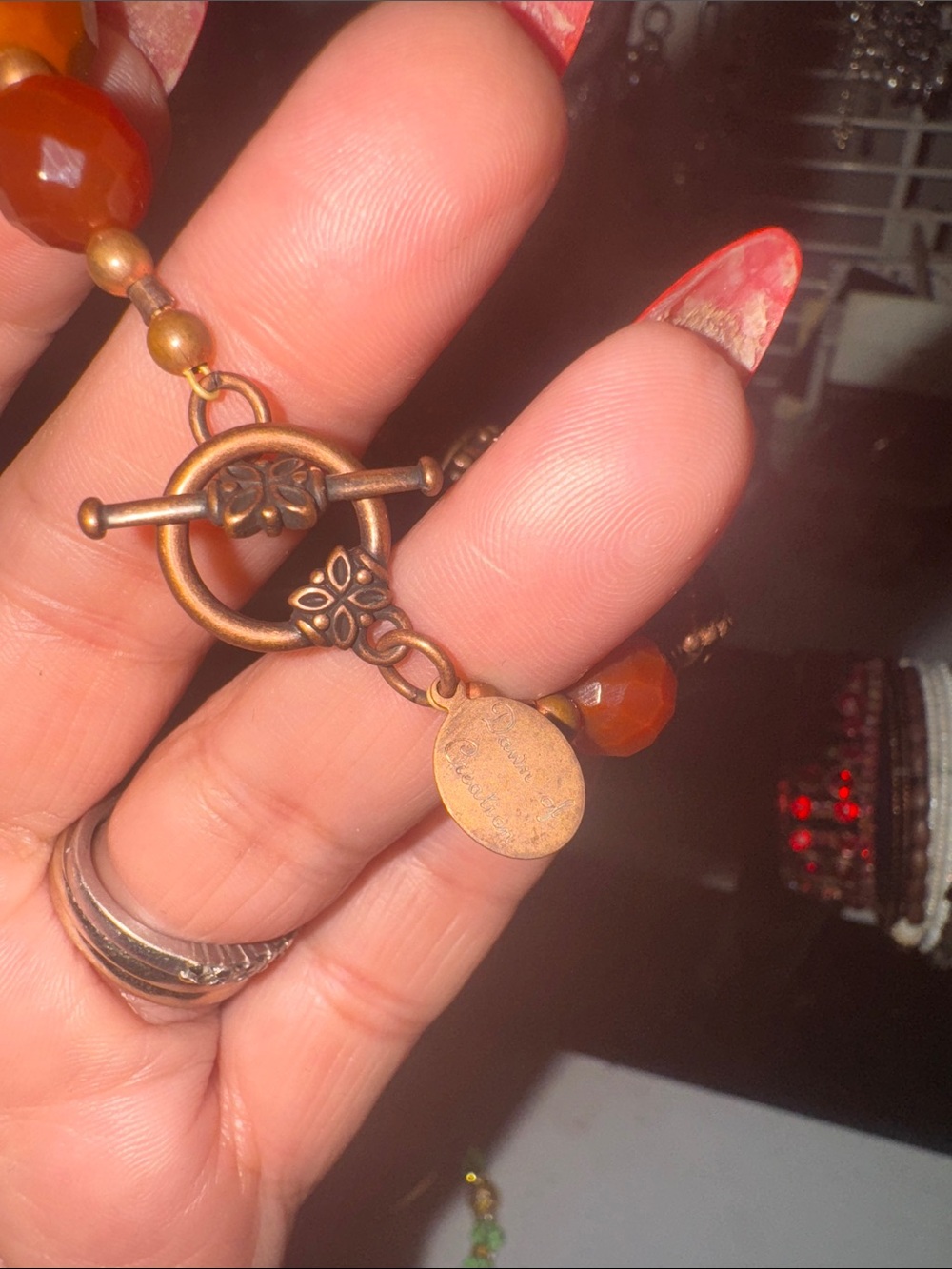 Amber Bead Necklace with Decorative Toggle — Copper Tone